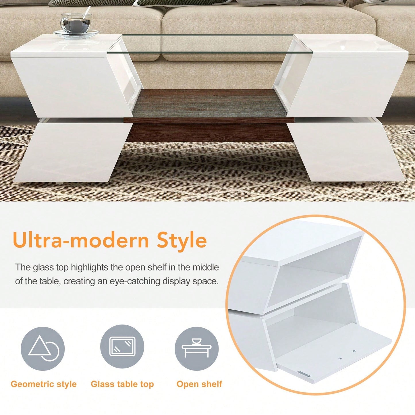 Modern Geometric 6mm Glass Coffee Table with Open Shelves and Cabinets for Stylish Living Room Storage