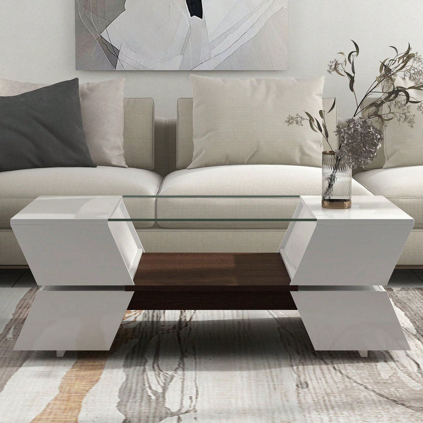 Modern Geometric 6mm Glass Coffee Table with Open Shelves and Cabinets for Stylish Living Room Storage