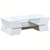 Modern Geometric 6mm Glass Coffee Table with Open Shelves and Cabinets for Stylish Living Room Storage