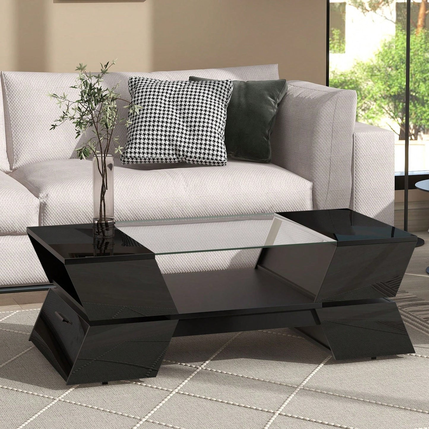 Modern Geometric 6mm Glass Coffee Table with Open Shelves and Cabinets for Stylish Living Room Storage