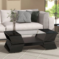 Modern Geometric 6mm Glass Coffee Table with Open Shelves and Cabinets for Stylish Living Room Storage