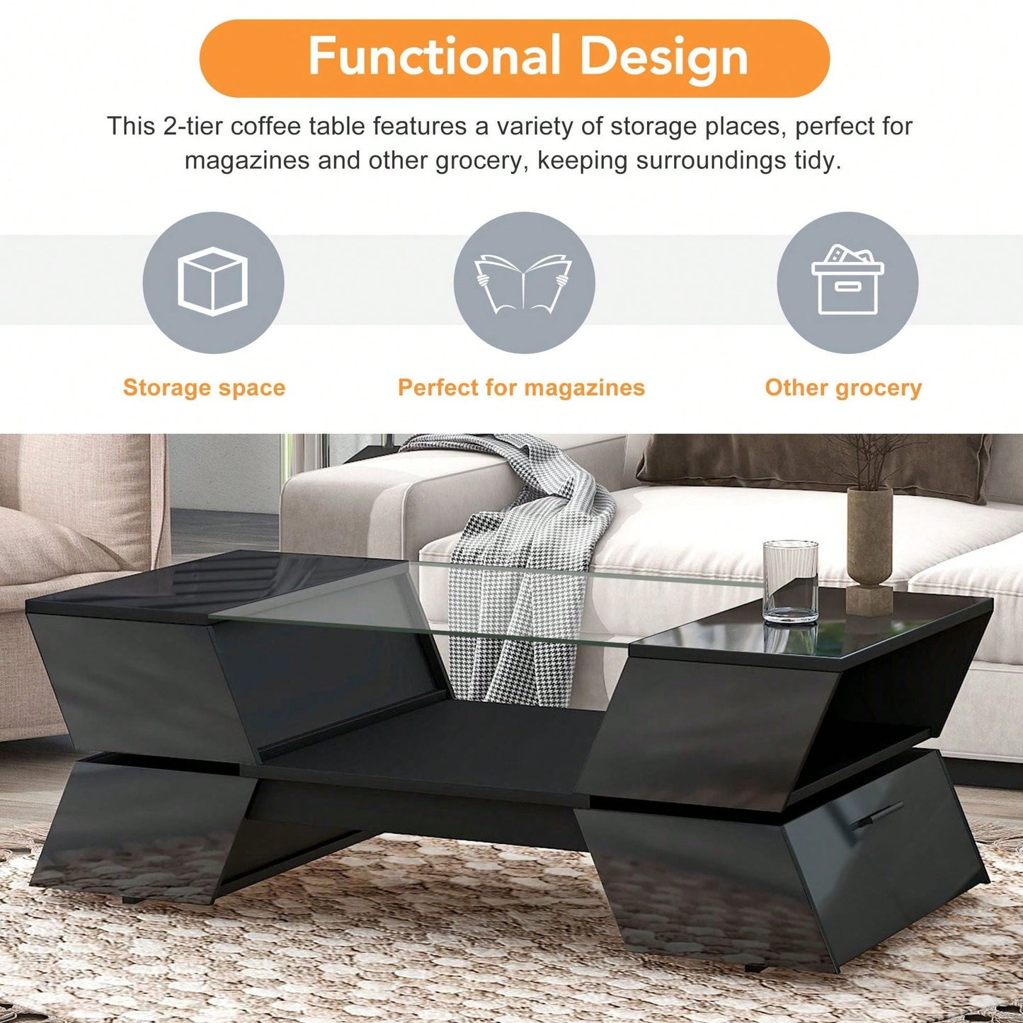 Modern Geometric 6mm Glass Coffee Table with Open Shelves and Cabinets for Stylish Living Room Storage