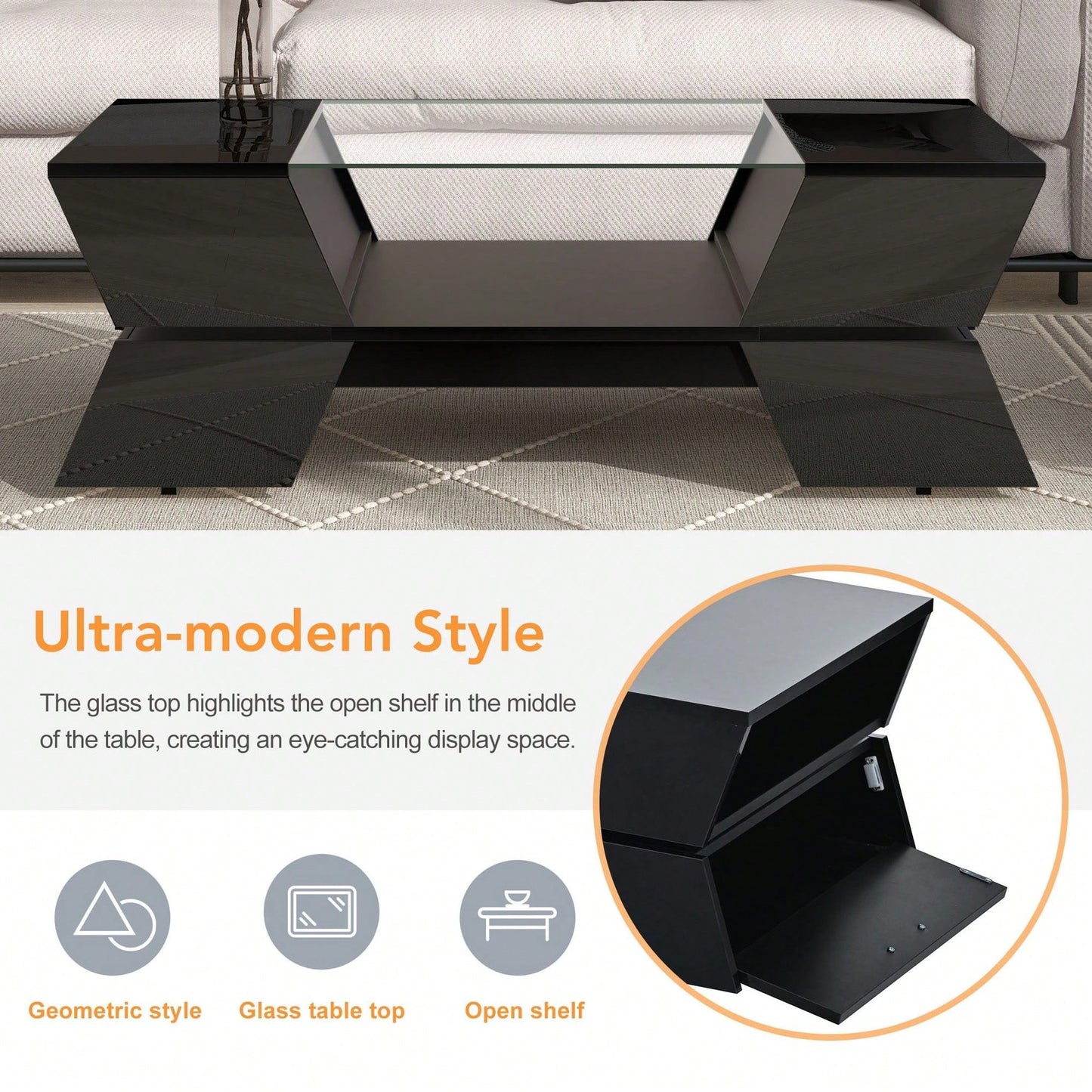 Modern Geometric 6mm Glass Coffee Table with Open Shelves and Cabinets for Stylish Living Room Storage