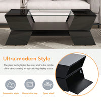 Modern Geometric 6mm Glass Coffee Table with Open Shelves and Cabinets for Stylish Living Room Storage