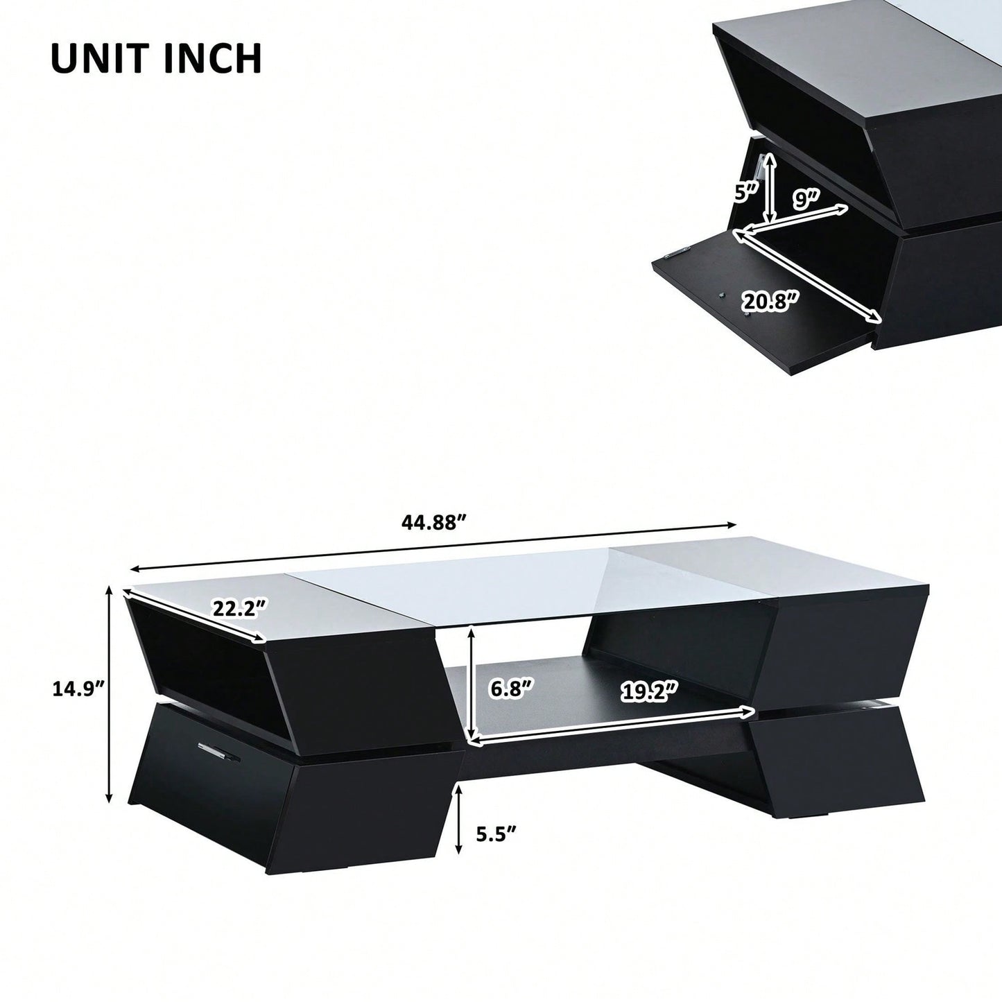 Modern Geometric 6mm Glass Coffee Table with Open Shelves and Cabinets for Stylish Living Room Storage