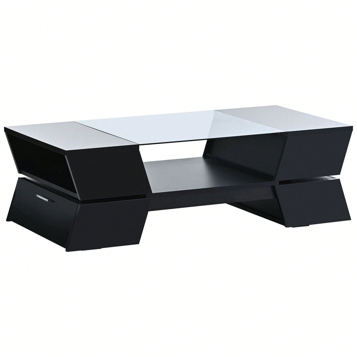 Modern Geometric 6mm Glass Coffee Table with Open Shelves and Cabinets for Stylish Living Room Storage