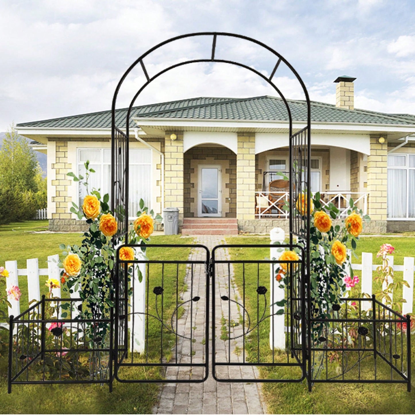 Metal Garden Arch With Gate 79.5'' Wide X 86.6'' High Climbing Plants Support Rose Arch Outdoor