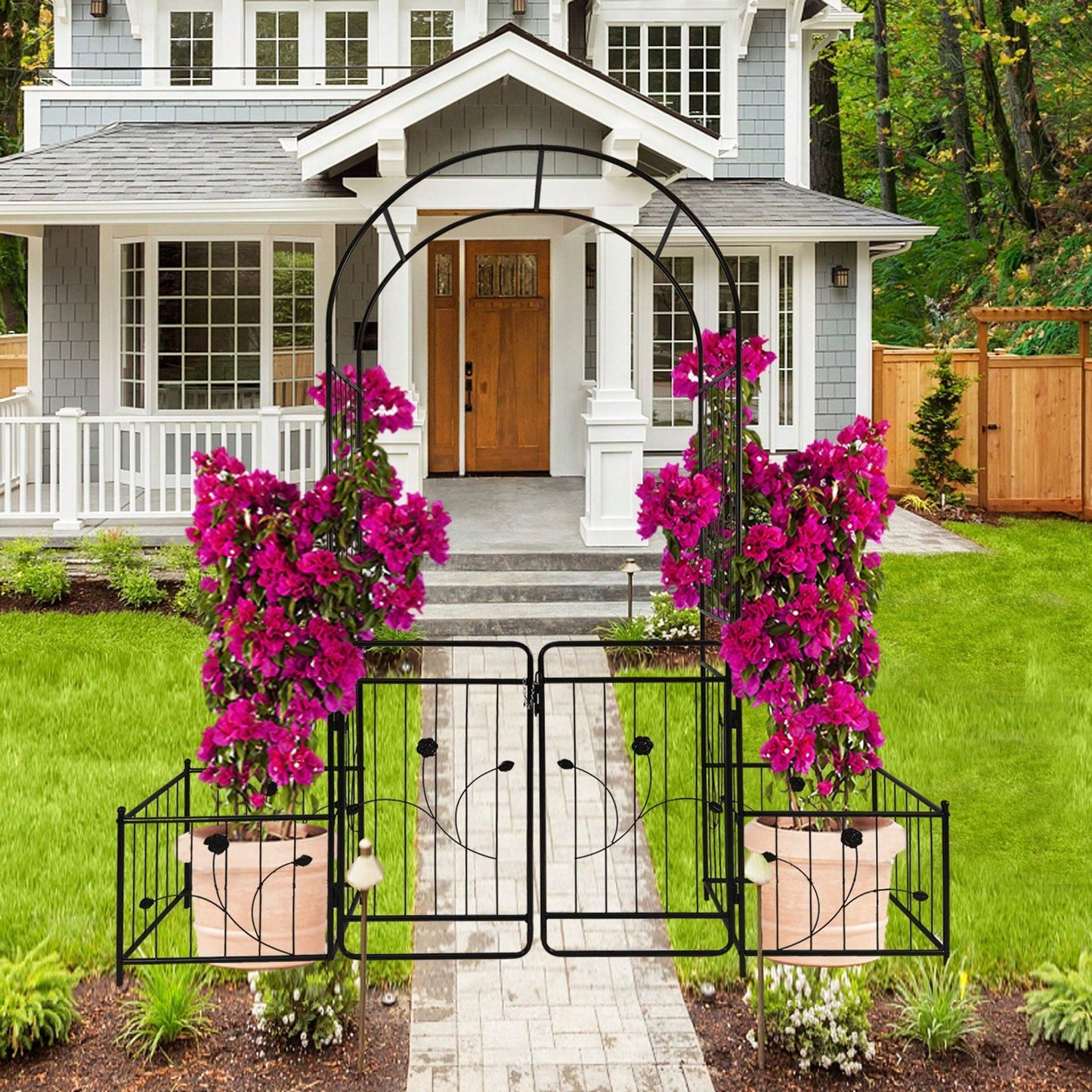 Metal Garden Arch With Gate 79.5'' Wide X 86.6'' High Climbing Plants Support Rose Arch Outdoor