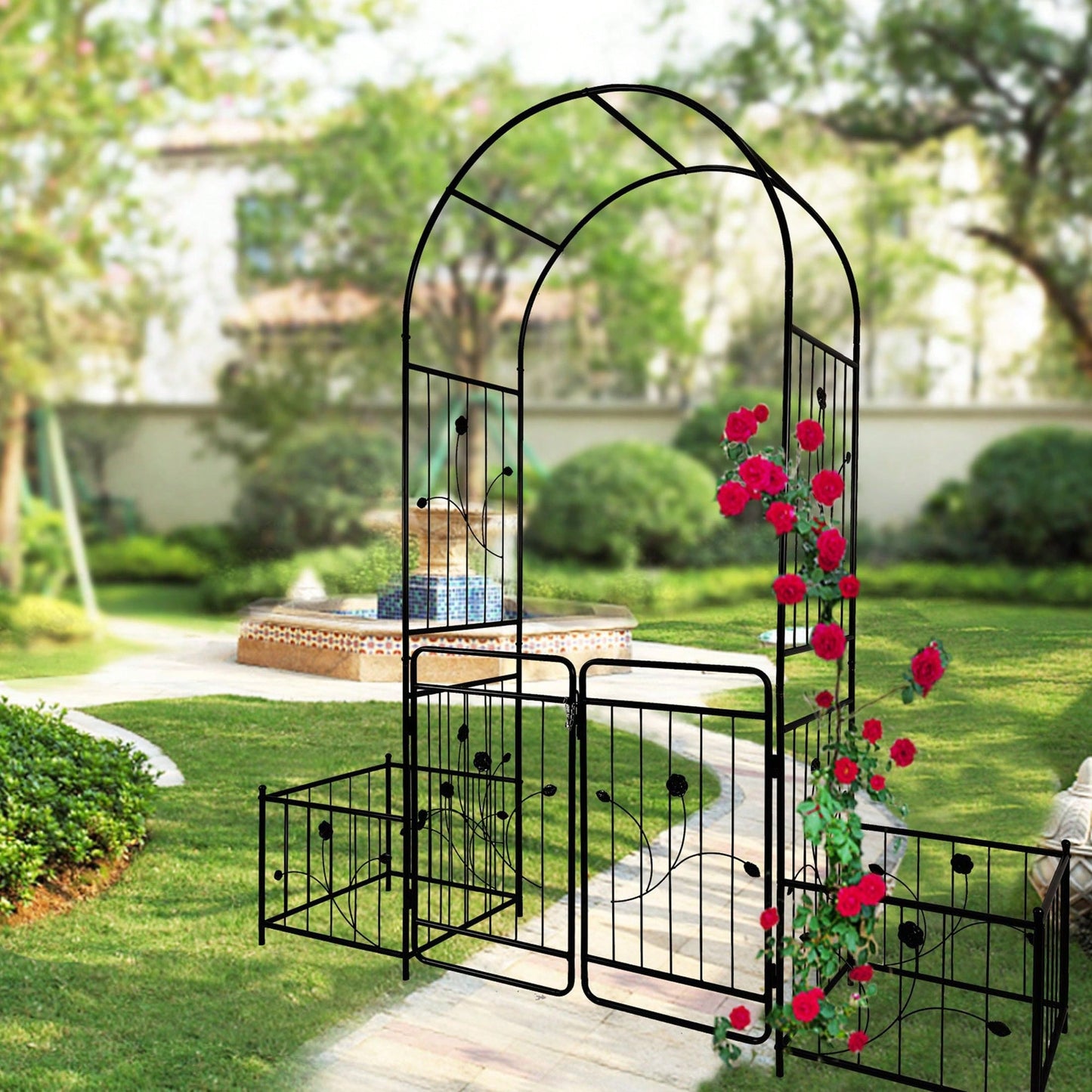 Metal Garden Arch With Gate 79.5'' Wide X 86.6'' High Climbing Plants Support Rose Arch Outdoor