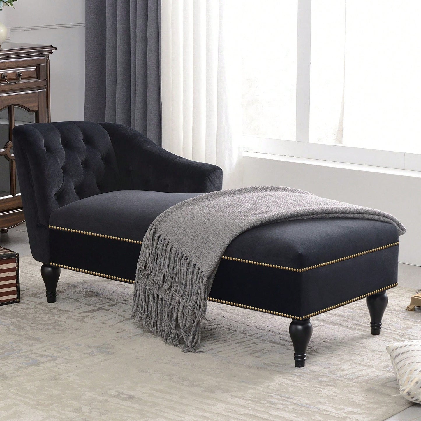 Elegant 58 Velvet Chaise Lounge Chair with Button Tufting Nailhead Trim and Solid Wood Legs for Living Room Office