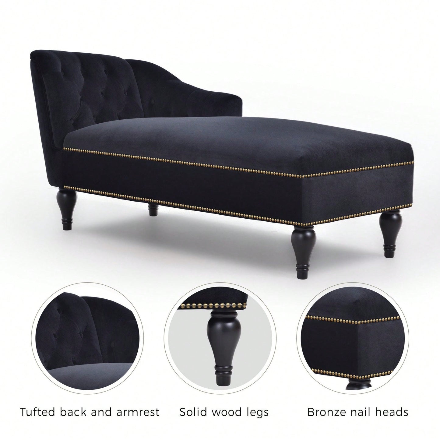 Elegant 58 Velvet Chaise Lounge Chair with Button Tufting Nailhead Trim and Solid Wood Legs for Living Room Office