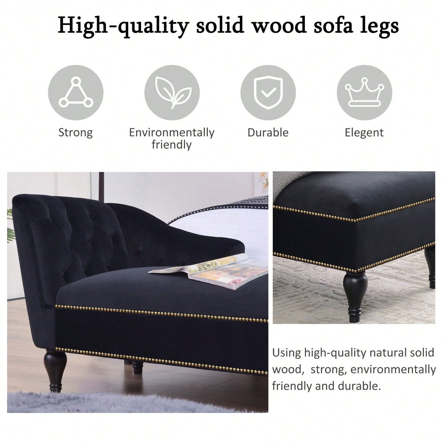 Elegant 58 Velvet Chaise Lounge Chair with Button Tufting Nailhead Trim and Solid Wood Legs for Living Room Office