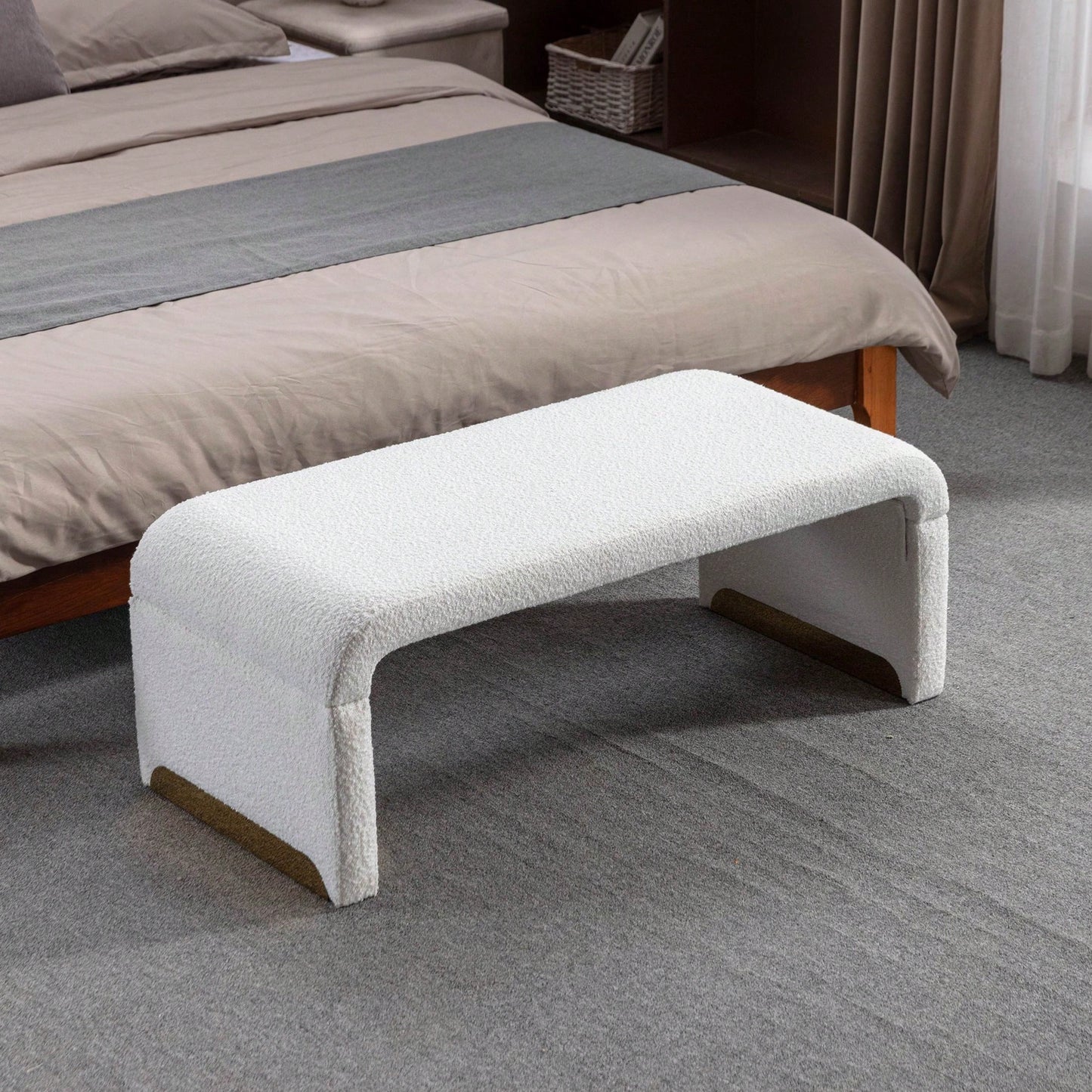 Boucle Fabric Loveseat Ottoman Footstool Bedroom Bench Shoe Bench Gold Metal Legs Ivory White