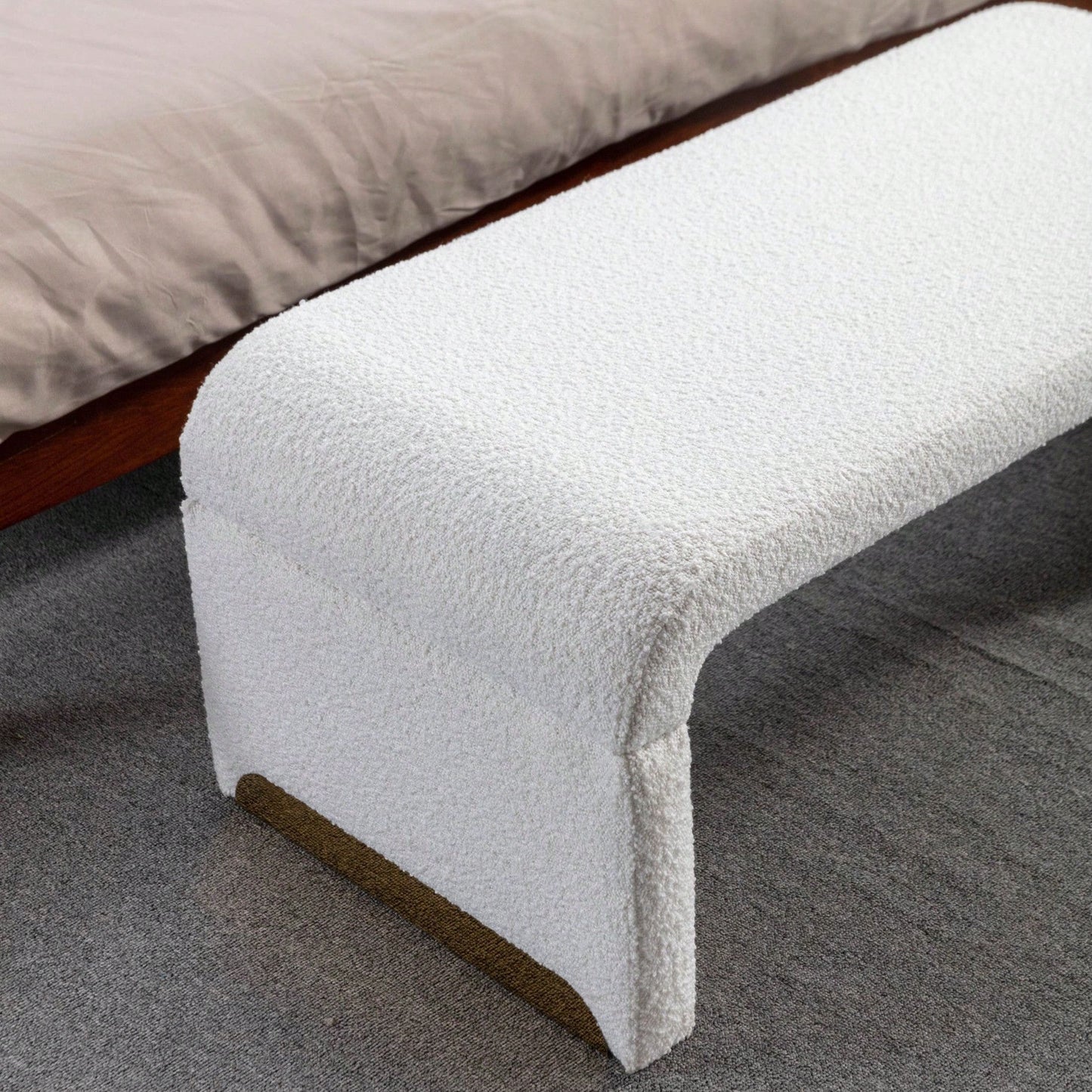 Boucle Fabric Loveseat Ottoman Footstool Bedroom Bench Shoe Bench Gold Metal Legs Ivory White