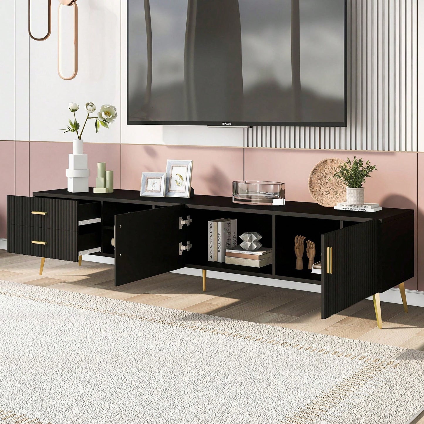 Modern TV Stand With Champagne Legs - Durable, Stylish, Spacious, Versatile Storage TVS Up To 77"