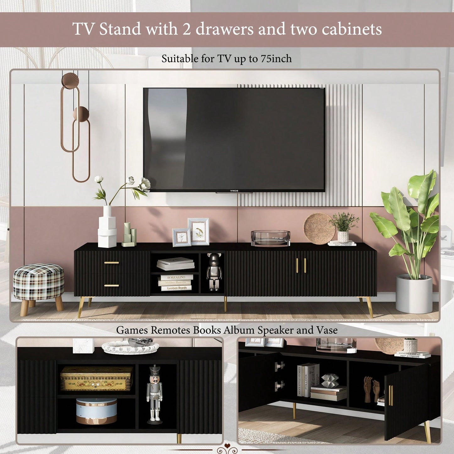 Modern TV Stand With Champagne Legs - Durable, Stylish, Spacious, Versatile Storage TVS Up To 77"