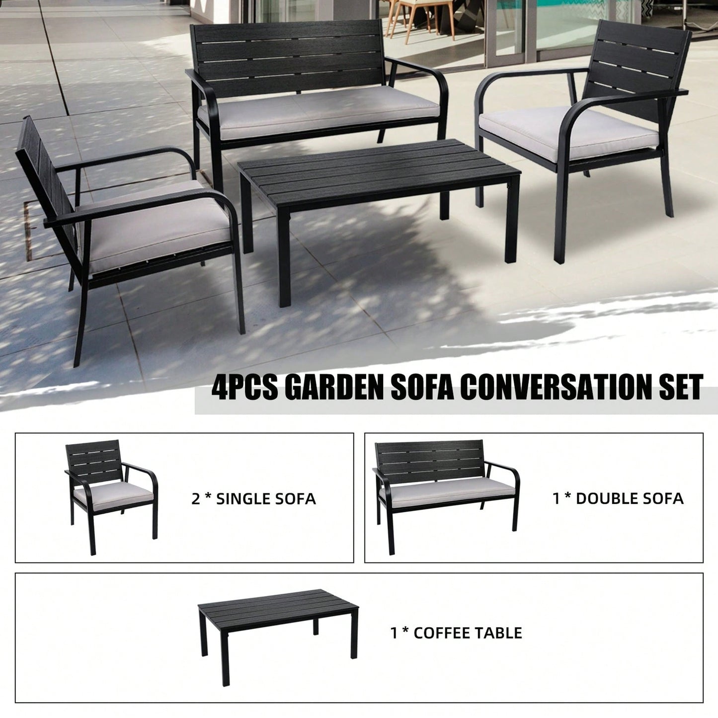 4 Pieces Patio Garden Sofa Conversation Set, All Weather Outdoor Furniture Set With Cushions Coffee Table For Backyard Balcony Lawn