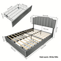 Queen Size Upholstered Platform Bed With 2 Drawers, Linen Bed Frame With Rivets Design, Strong Bed Slats System, No Box Spring Needed