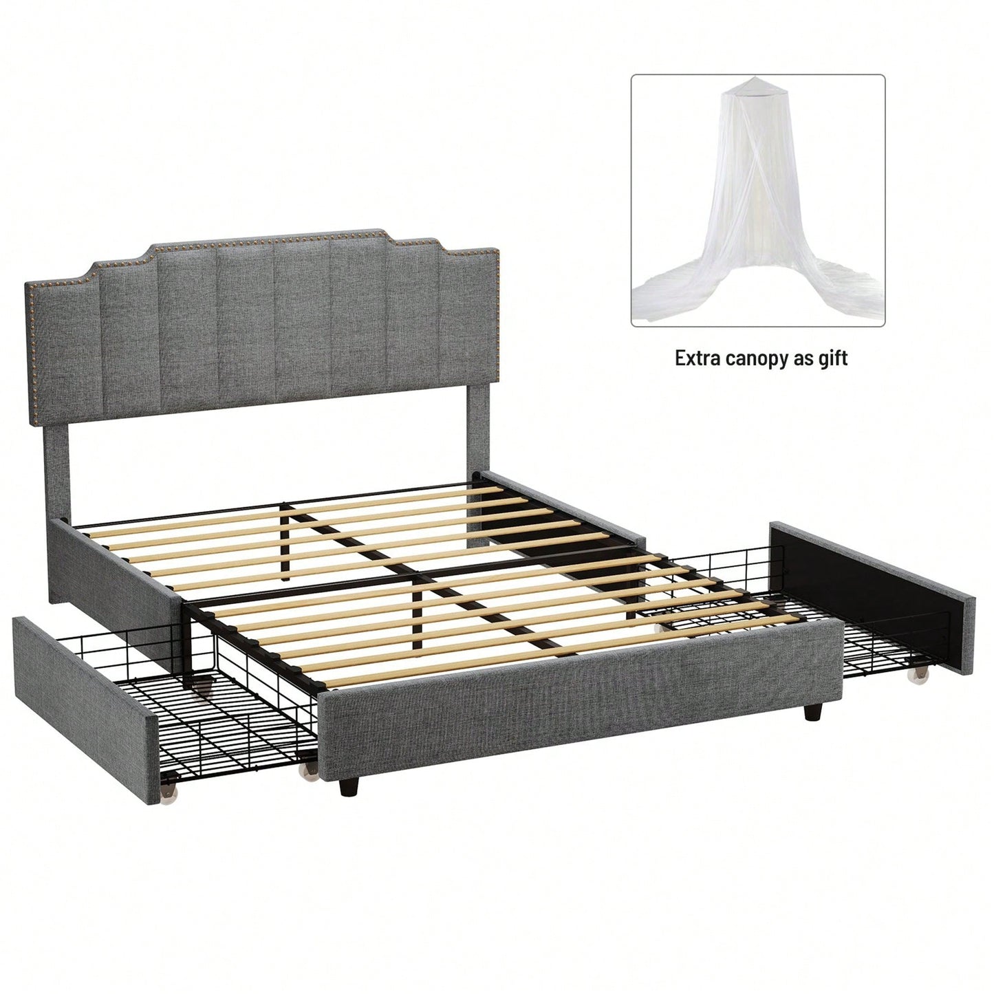 Queen Size Upholstered Platform Bed With 2 Drawers, Linen Bed Frame With Rivets Design, Strong Bed Slats System, No Box Spring Needed