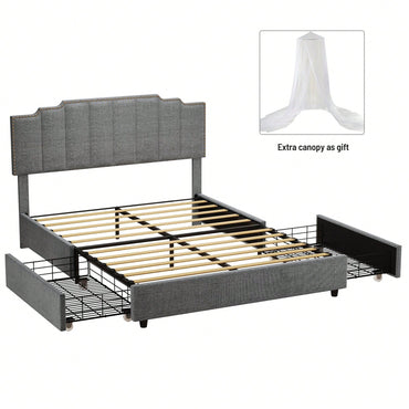 Queen Size Upholstered Platform Bed With 2 Drawers, Linen Bed Frame With Rivets Design, Strong Bed Slats System, No Box Spring Needed