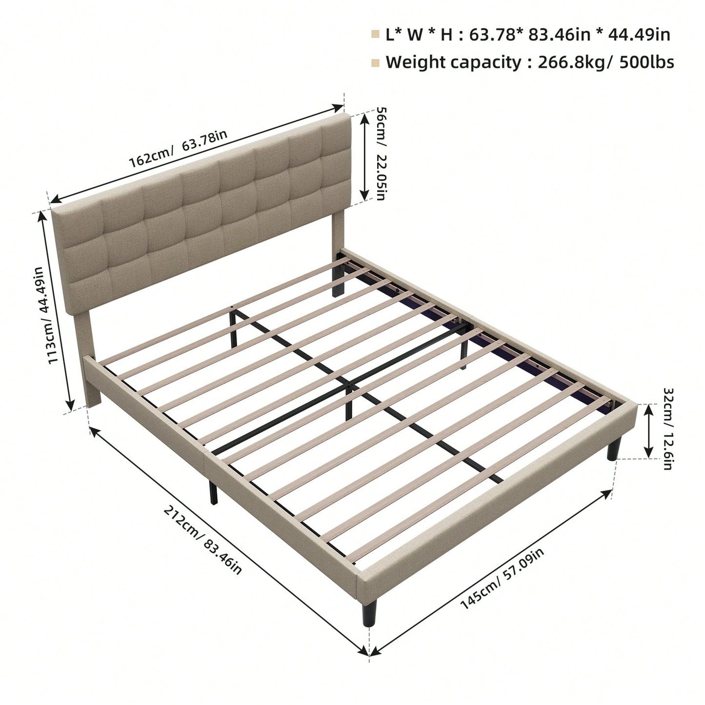 Queen Size Upholstered Platform Bed With Lights, Square Stitched Adjustable Headboard, Strong Bed Slats System, No Box Spring Needed