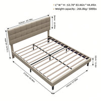 Queen Size Upholstered Platform Bed With Lights, Square Stitched Adjustable Headboard, Strong Bed Slats System, No Box Spring Needed