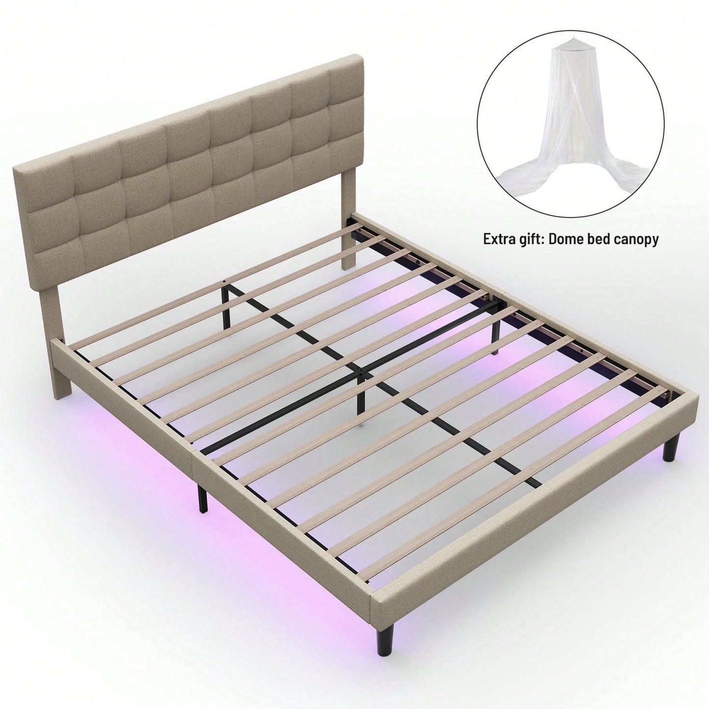 Queen Size Upholstered Platform Bed With Lights, Square Stitched Adjustable Headboard, Strong Bed Slats System, No Box Spring Needed