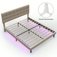 Queen Size Upholstered Platform Bed With Lights, Square Stitched Adjustable Headboard, Strong Bed Slats System, No Box Spring Needed