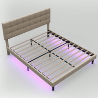 Queen Size Upholstered Platform Bed With Lights, Square Stitched Adjustable Headboard, Strong Bed Slats System, No Box Spring Needed