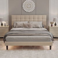 Queen Size Upholstered Platform Bed With Lights, Square Stitched Adjustable Headboard, Strong Bed Slats System, No Box Spring Needed