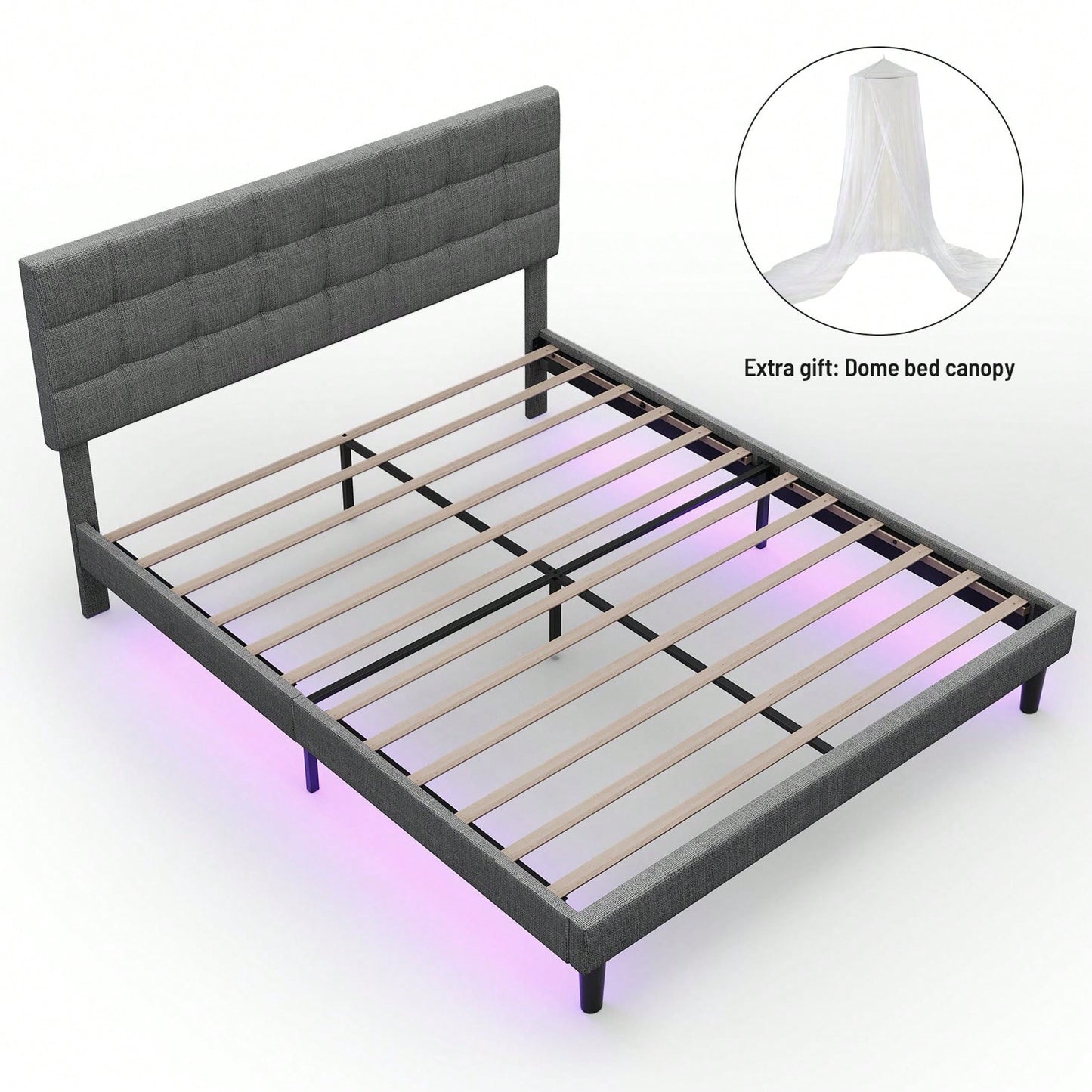 Queen Size Upholstered Platform Bed With Lights, Square Stitched Adjustable Headboard, Strong Bed Slats System, No Box Spring Needed