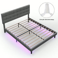 Queen Size Upholstered Platform Bed With Lights, Square Stitched Adjustable Headboard, Strong Bed Slats System, No Box Spring Needed