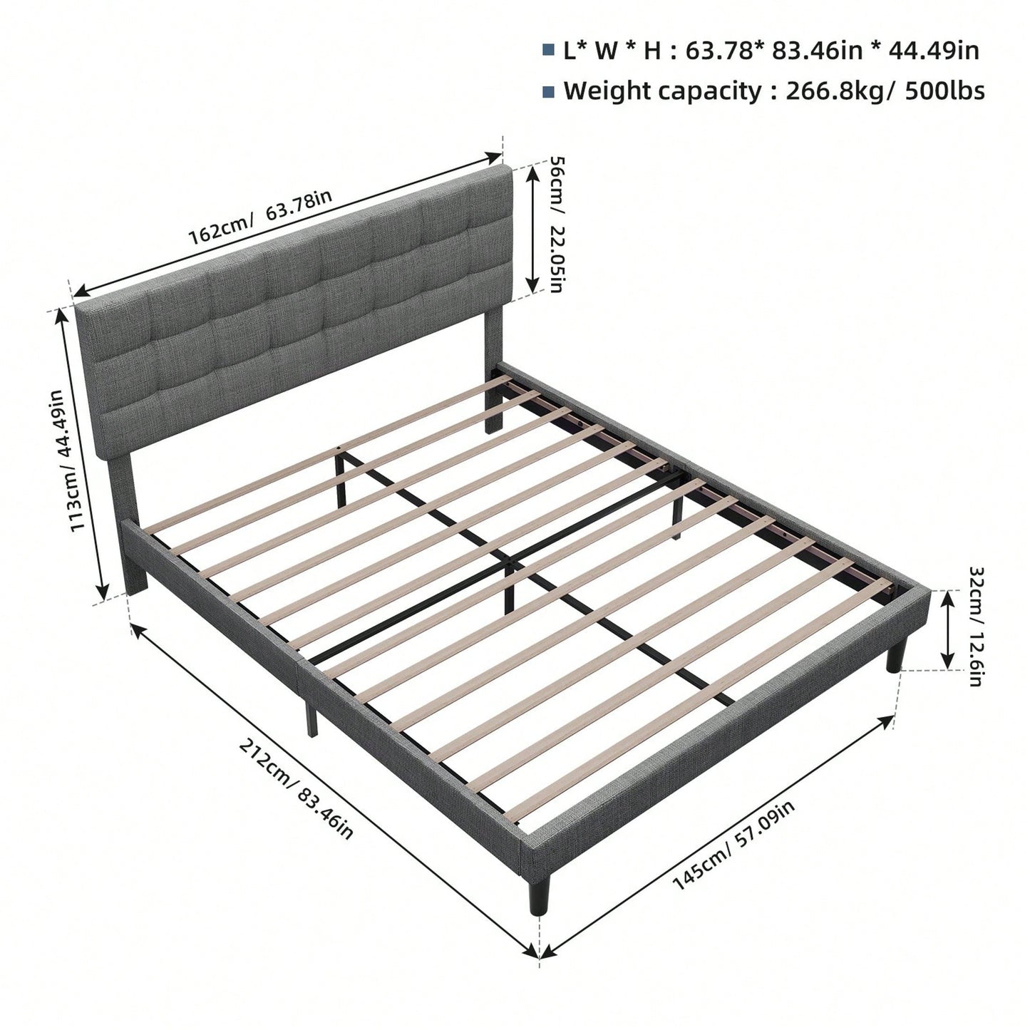 Queen Size Upholstered Platform Bed With Lights, Square Stitched Adjustable Headboard, Strong Bed Slats System, No Box Spring Needed