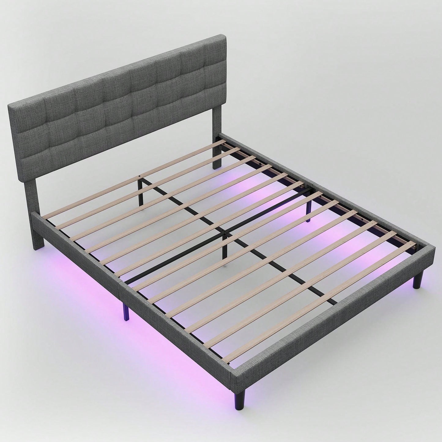 Queen Size Upholstered Platform Bed With Lights, Square Stitched Adjustable Headboard, Strong Bed Slats System, No Box Spring Needed