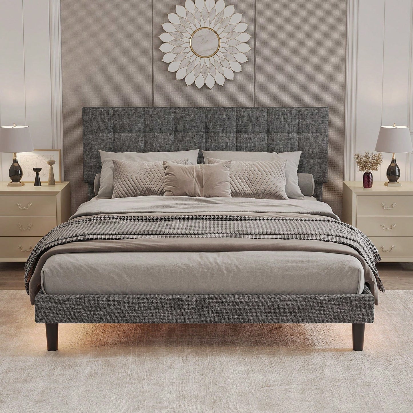 Queen Size Upholstered Platform Bed With Lights, Square Stitched Adjustable Headboard, Strong Bed Slats System, No Box Spring Needed