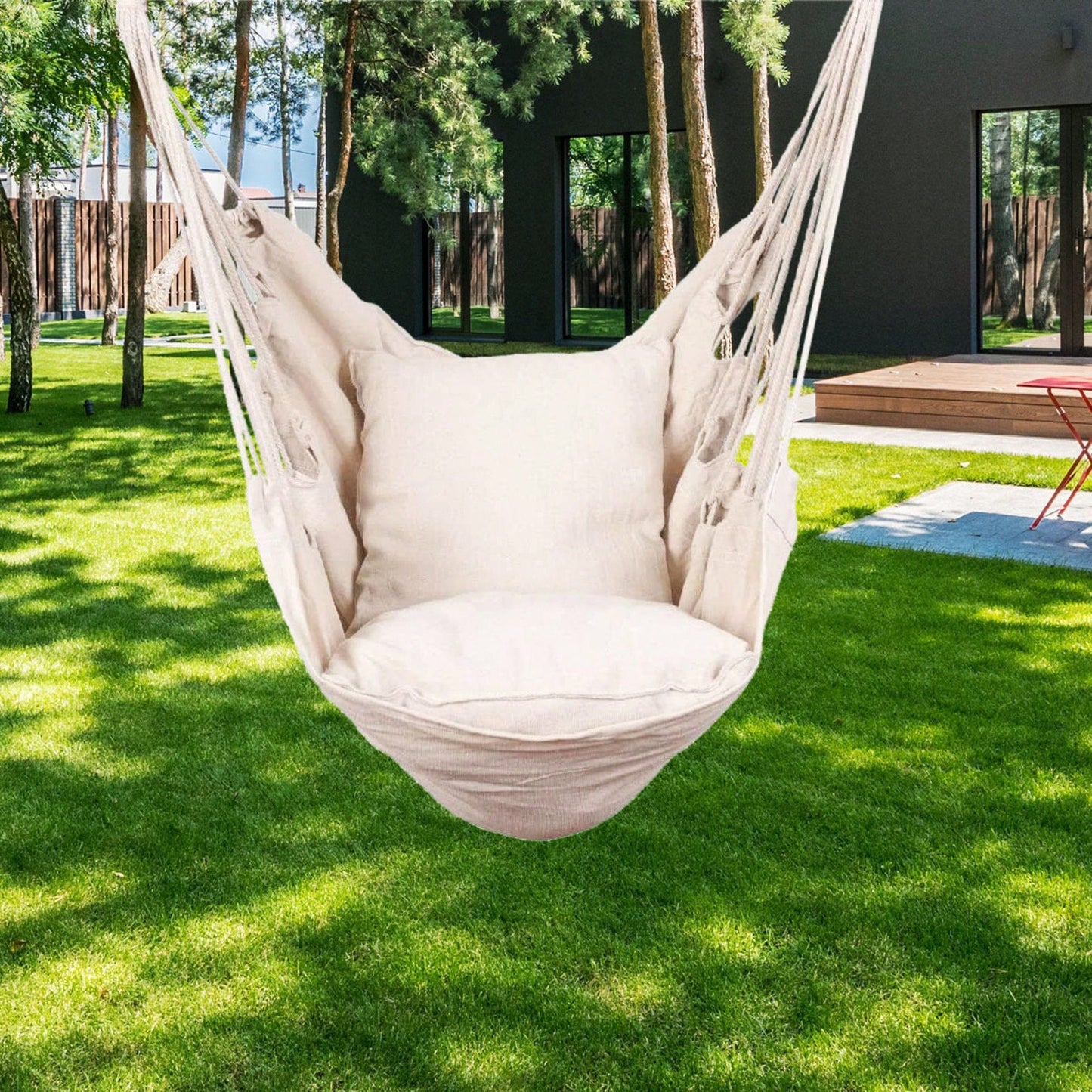 Hanging Rope Hammock Chair Swing Seat With Two Seat Cushions And Carrying Bag, Weight Capacity 300 Lbs