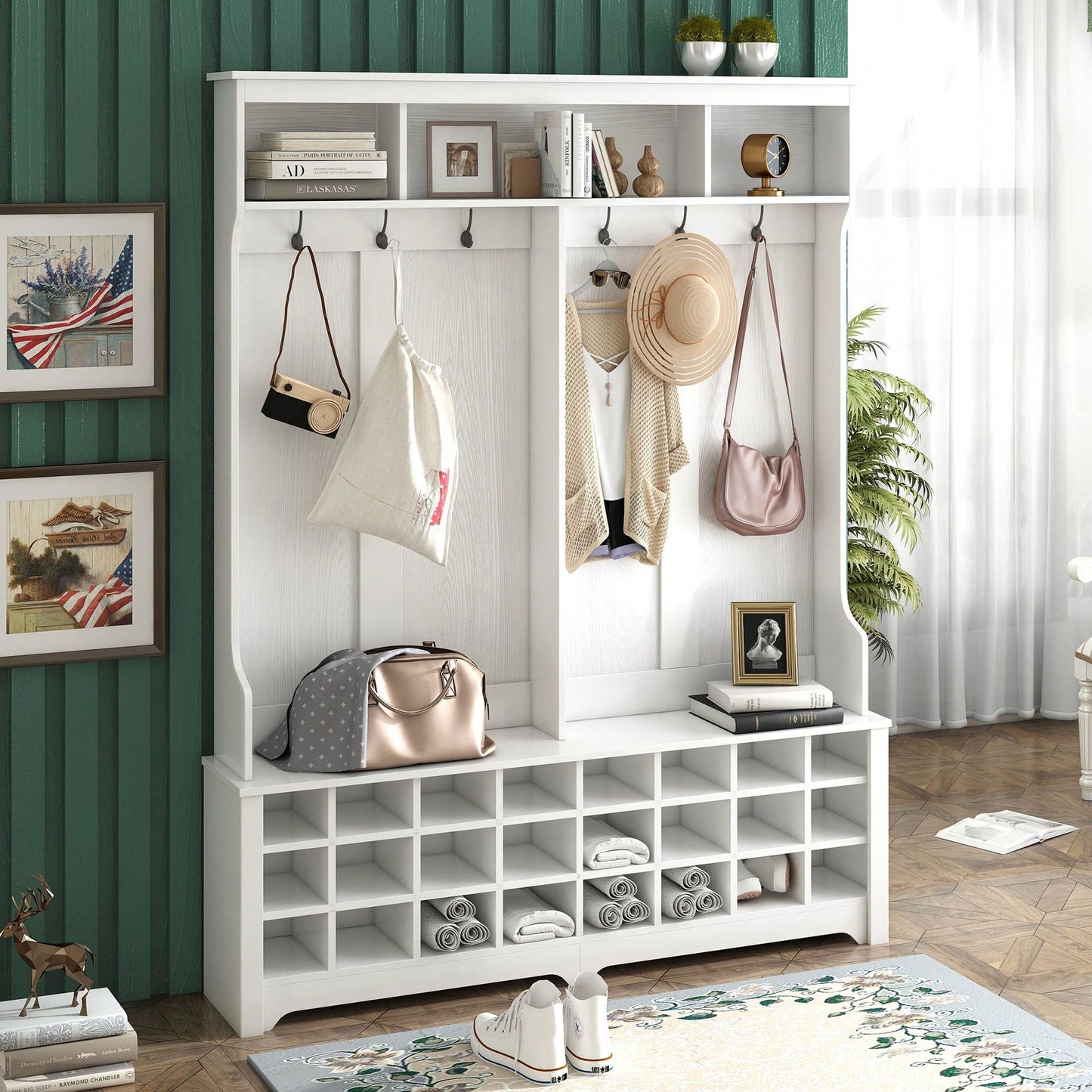 Modern Multifunctional Hallway Coat Rack and Entryway Bench with 24 Shoe Cubbies and Ample Storage Space