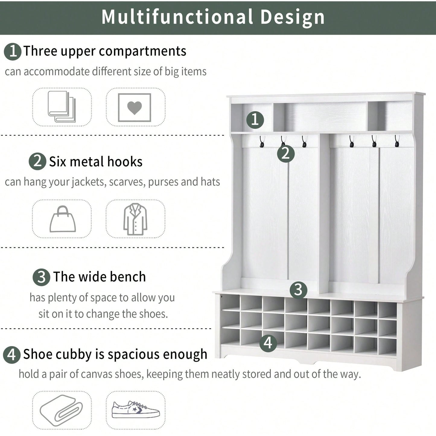 Modern Multifunctional Hallway Coat Rack and Entryway Bench with 24 Shoe Cubbies and Ample Storage Space