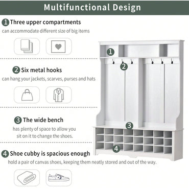 Modern Multifunctional Hallway Coat Rack and Entryway Bench with 24 Shoe Cubbies and Ample Storage Space