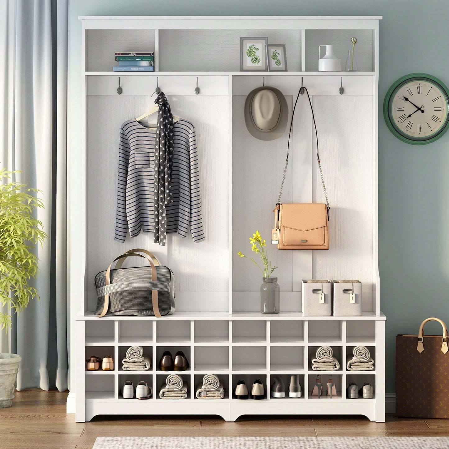 Modern Multifunctional Hallway Coat Rack and Entryway Bench with 24 Shoe Cubbies and Ample Storage Space