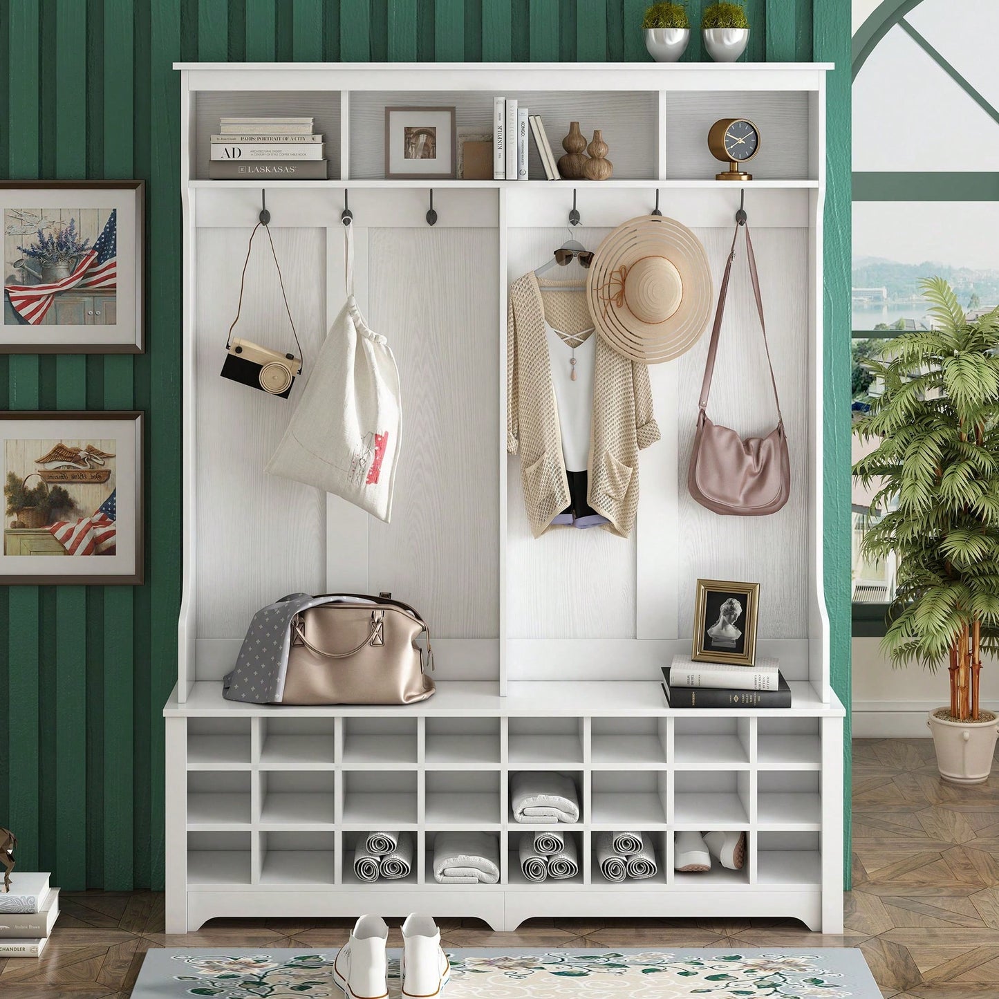 Modern Multifunctional Hallway Coat Rack and Entryway Bench with 24 Shoe Cubbies and Ample Storage Space