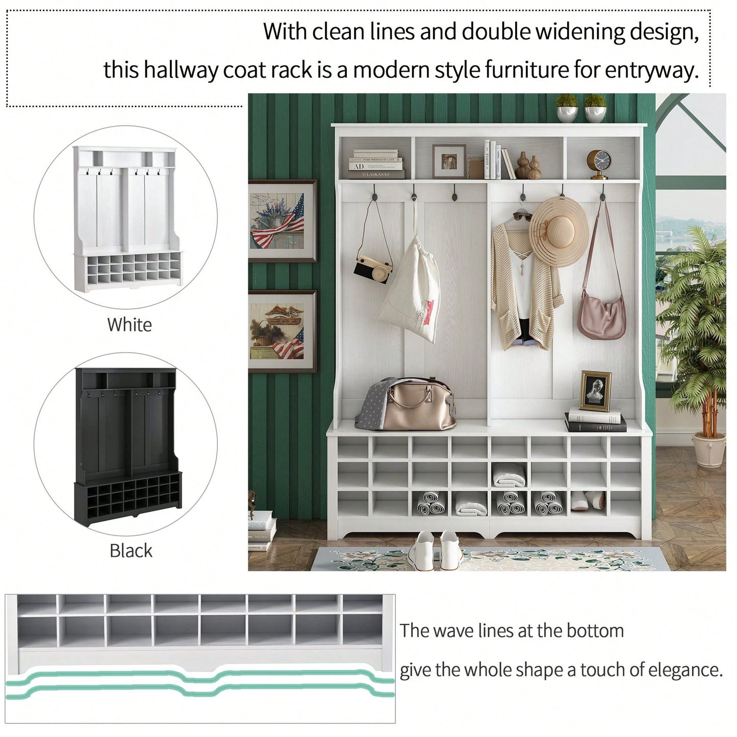 Modern Multifunctional Hallway Coat Rack and Entryway Bench with 24 Shoe Cubbies and Ample Storage Space