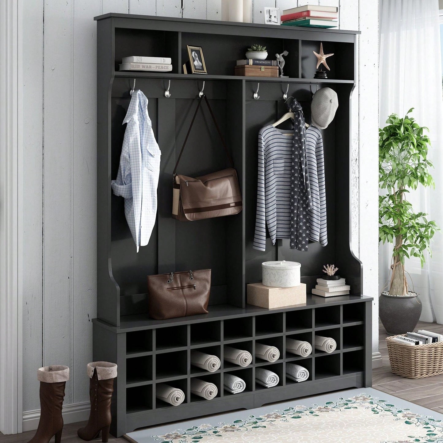 Modern Multifunctional Hallway Coat Rack and Entryway Bench with 24 Shoe Cubbies and Ample Storage Space