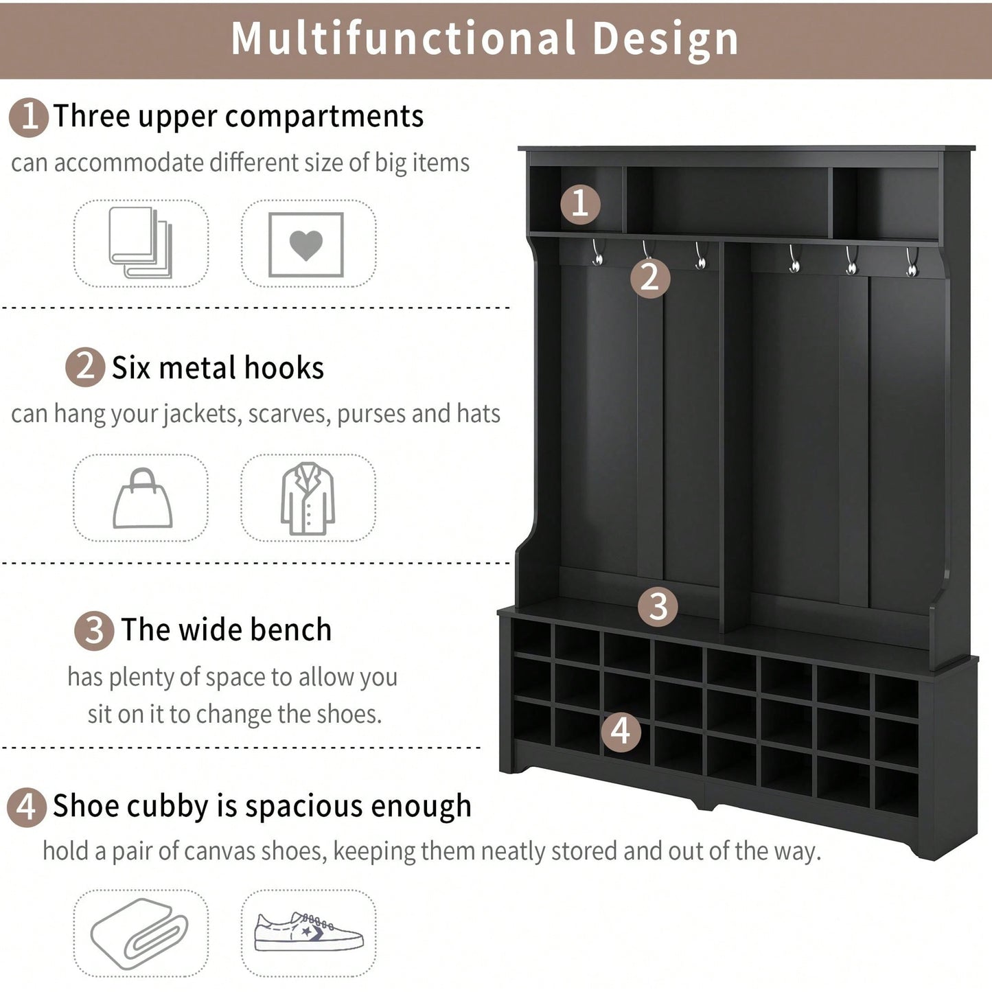 Modern Multifunctional Hallway Coat Rack and Entryway Bench with 24 Shoe Cubbies and Ample Storage Space