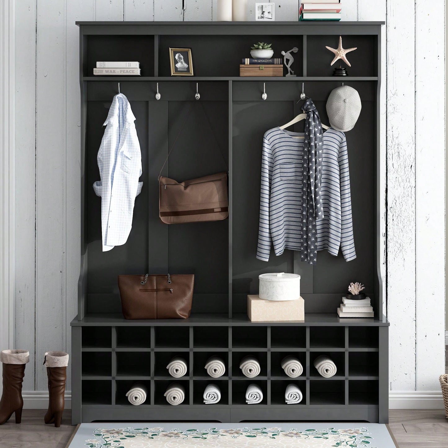 Modern Multifunctional Hallway Coat Rack and Entryway Bench with 24 Shoe Cubbies and Ample Storage Space