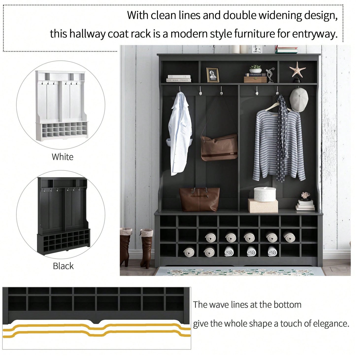 Modern Multifunctional Hallway Coat Rack and Entryway Bench with 24 Shoe Cubbies and Ample Storage Space