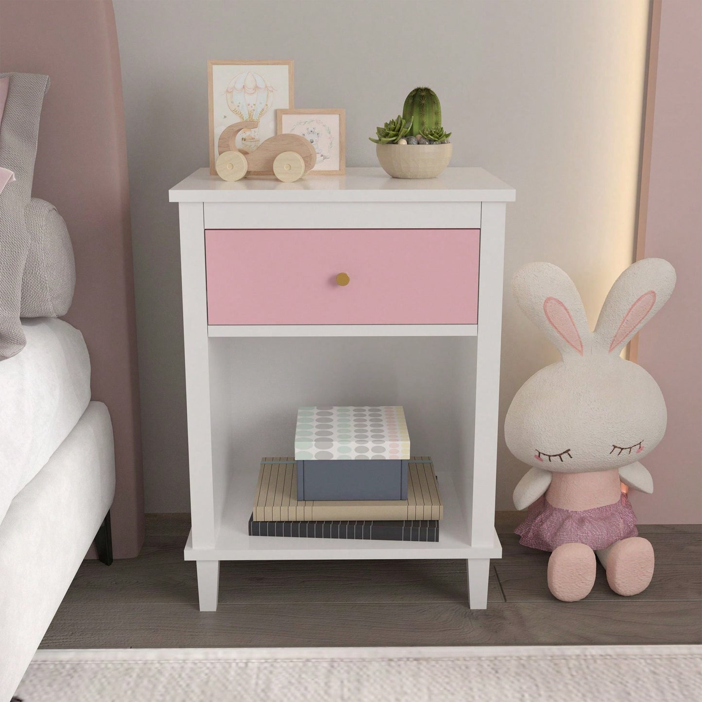 Wooden Nightstand With One Drawer One Shelf For Kids, Adults