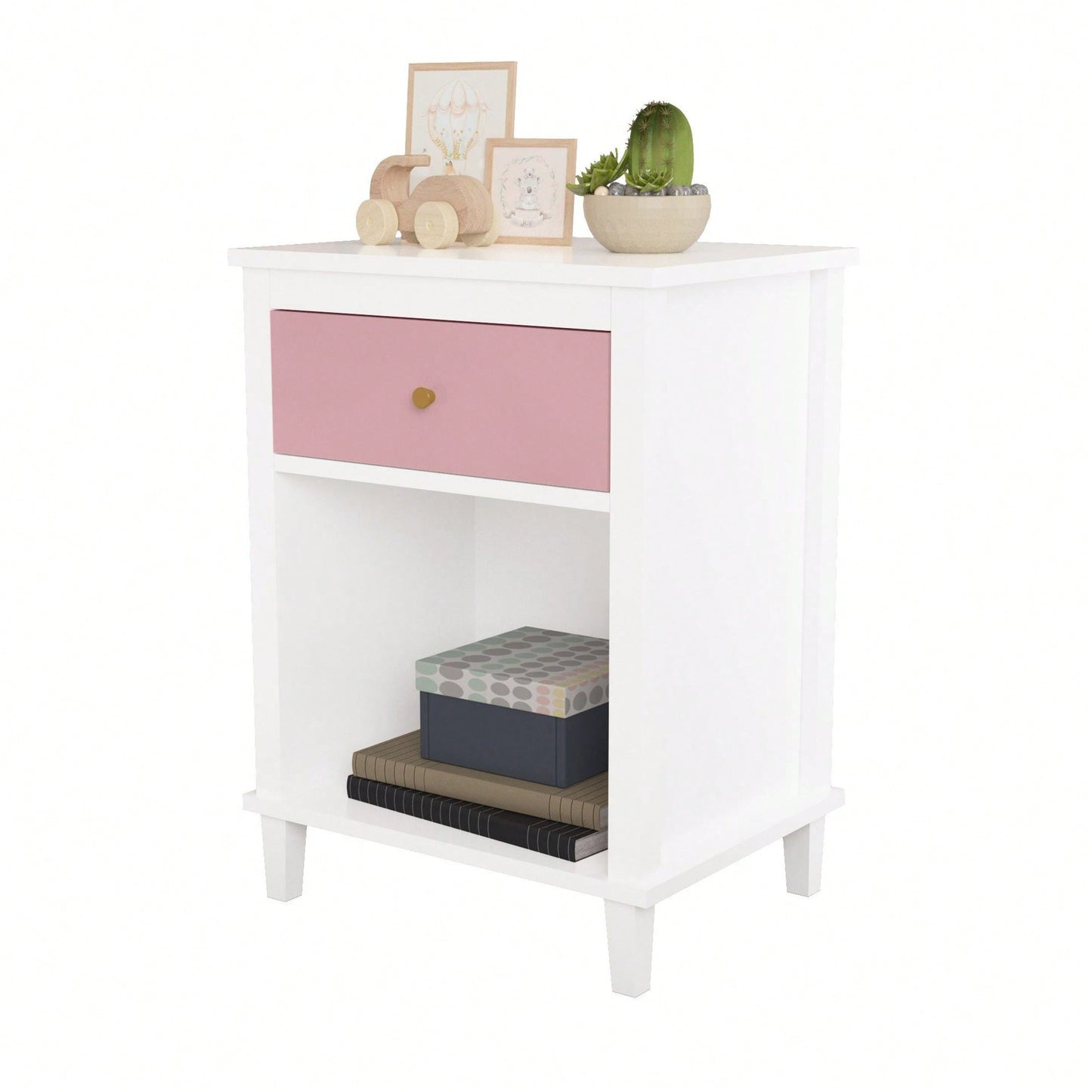 Wooden Nightstand With One Drawer One Shelf For Kids, Adults