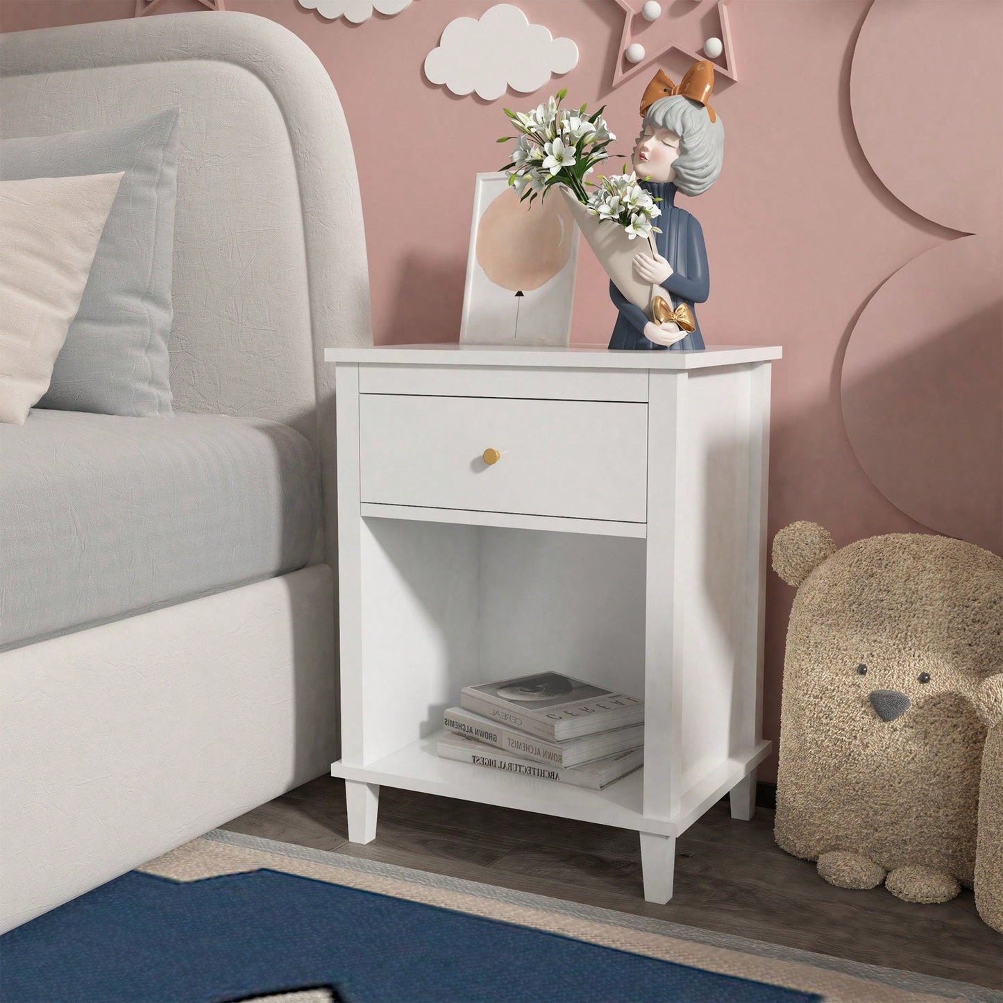 Wooden Nightstand With One Drawer One Shelf For Kids, Adults