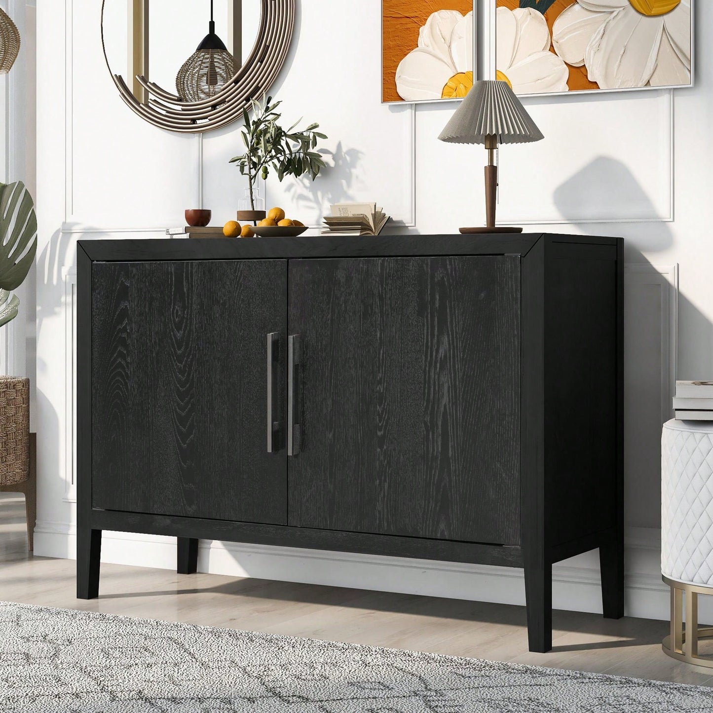 Storage Cabinet Sideboard, Wooden Cabinet With 2 Metal Handles And 2 Doors For Hallway, Entryway, Living Room, Bedroom